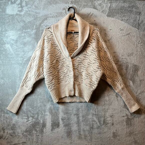 Free People XS Womens Shawl Collar Cardigan Wool Crochet Knit Eyelet Cottage‎ - Picture 1 of 7